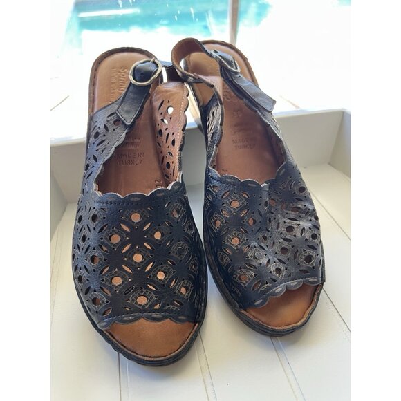 Spring Step Belizana Wedge Sandals EUR 39 Womens Size 8 Perforated Black Leather - Picture 1 of 16